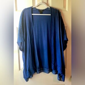 Love Cameron Royal Blue Crochet Sleeves and Border Relaxed Fit Viscose Kimono 1X